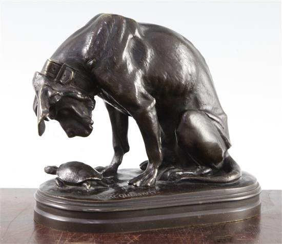 After Henri Alfred Jacquemart (1824-1896). A bronze model of a bloodhound studying a tortoise, 7in.